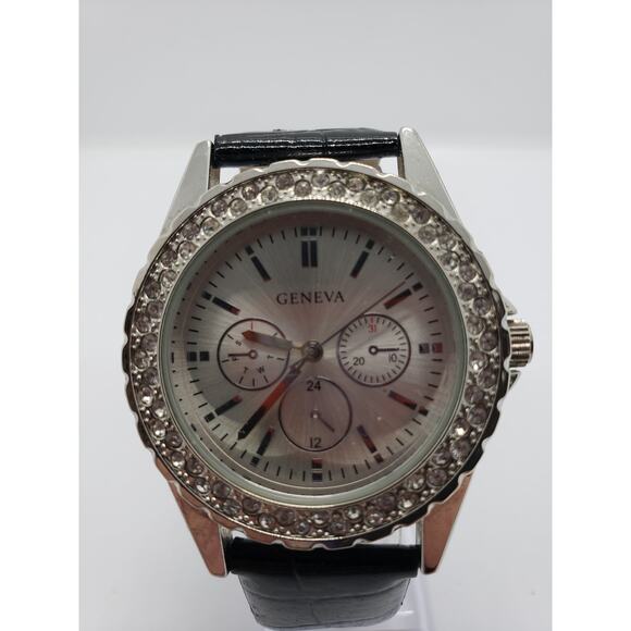 Geneva Men's watch. Multi function watch with jeweled bevel edge.